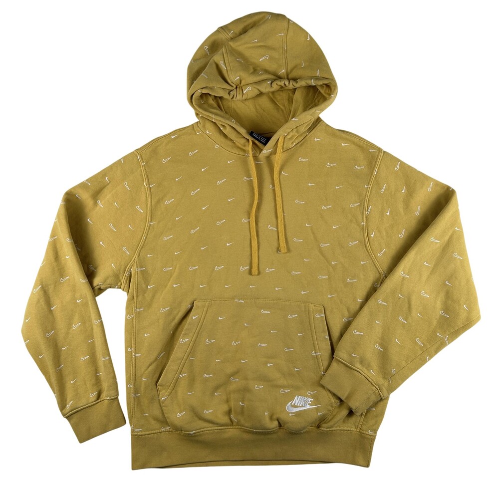 Nike Hoodie Mens Small Yellow Swoosh AOP Fleece Pullover Sweatshirt
